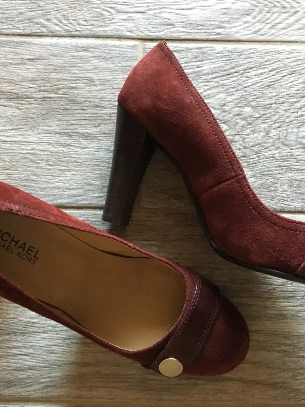 Michael Kors Burgundy Suede Buckle Button Pumps, Size 8.5B